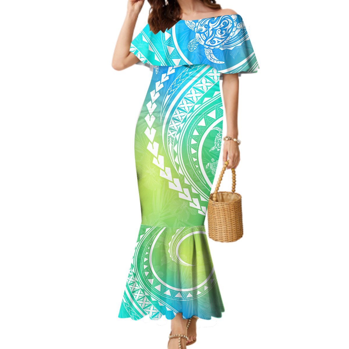 Polynesian Pride Mermaid Dress Turtle Hibiscus Luxury Style - Gradient Blue LT7 Women Blue Green - Polynesian Pride