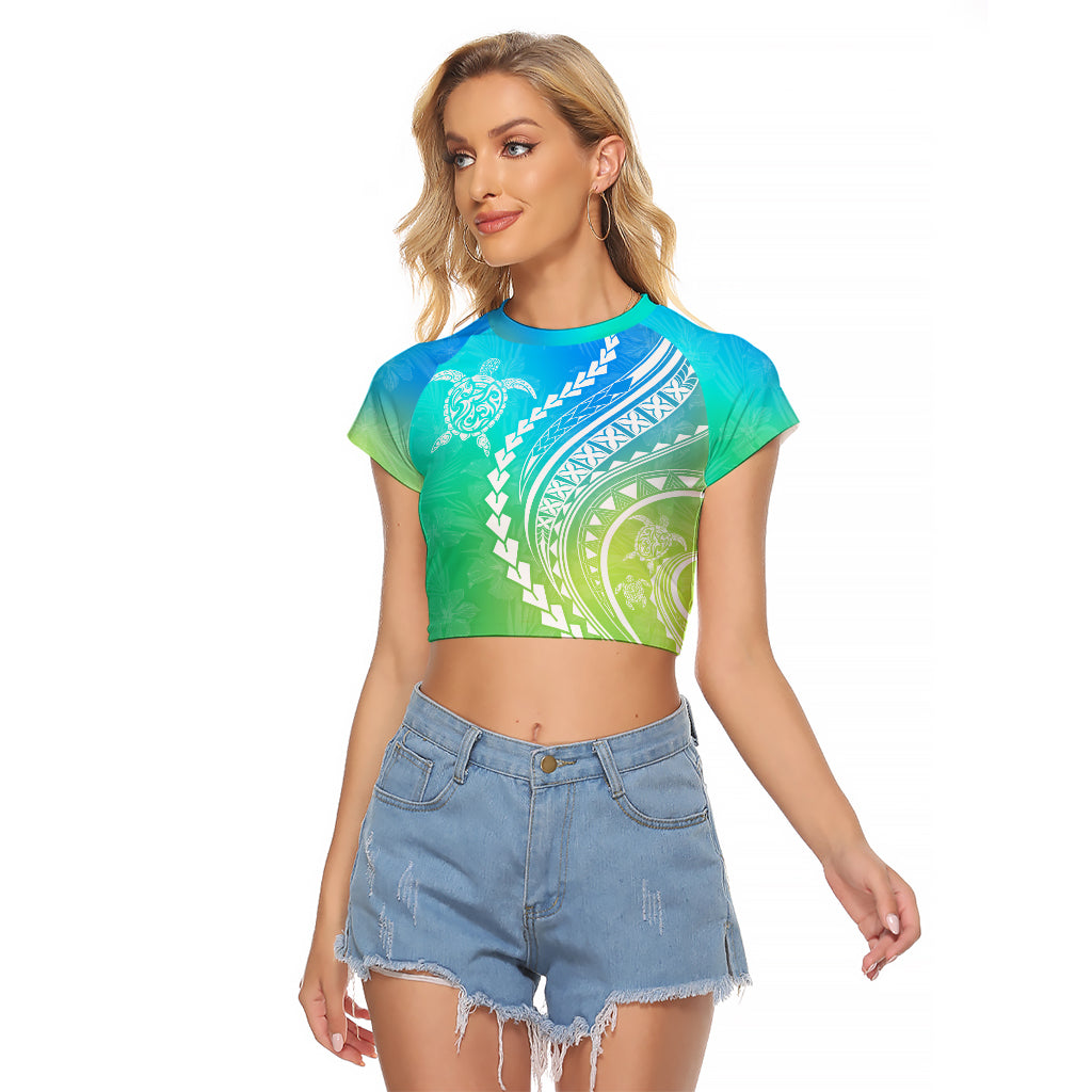 Polynesian Pride Raglan Cropped T Shirt Turtle Hibiscus Luxury Style - Gradient Blue LT7 Female Blue Green - Polynesian Pride