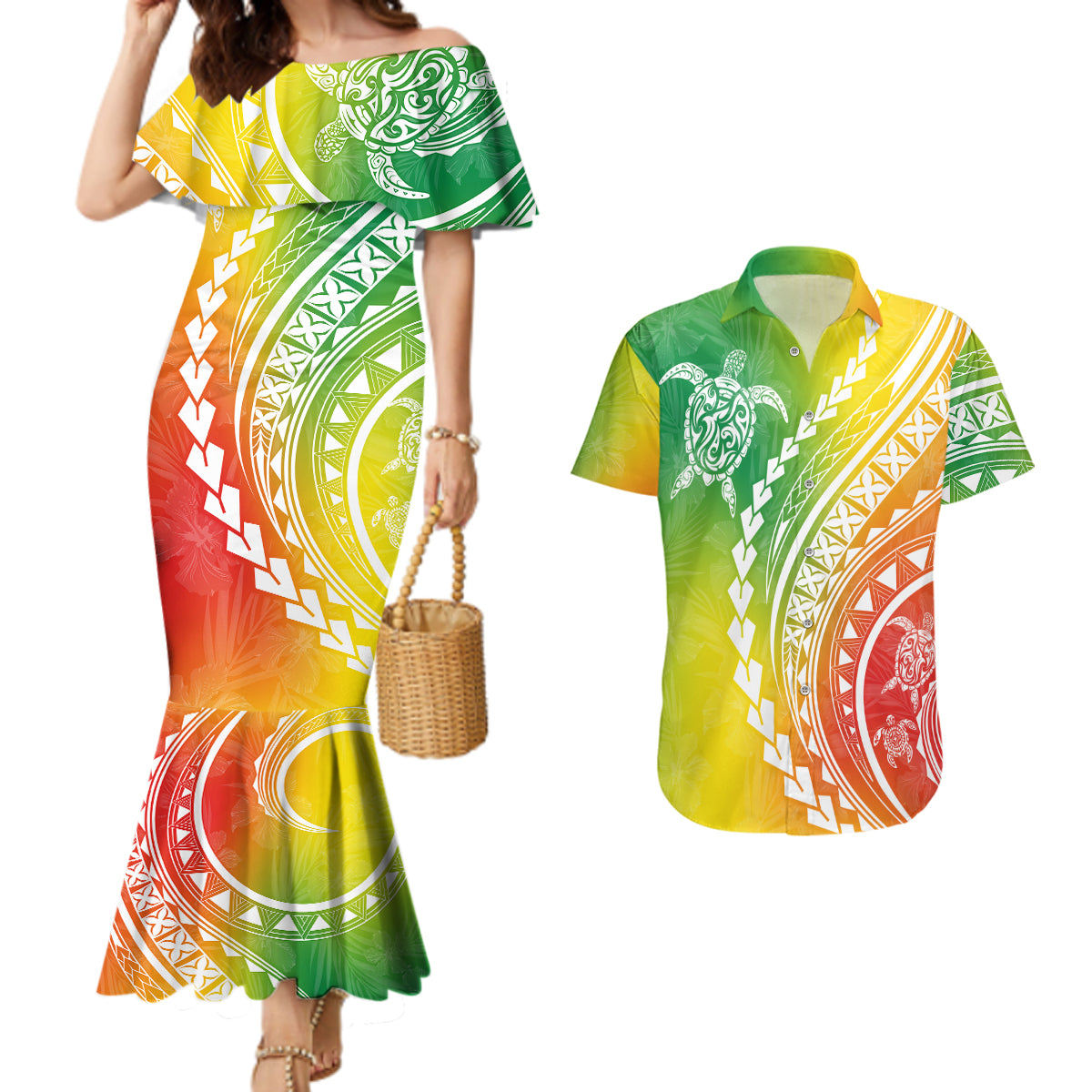 Polynesian Pride Couples Matching Mermaid Dress and Hawaiian Shirt Turtle Hibiscus Luxury Style - Reggae LT7 Reggae - Polynesian Pride