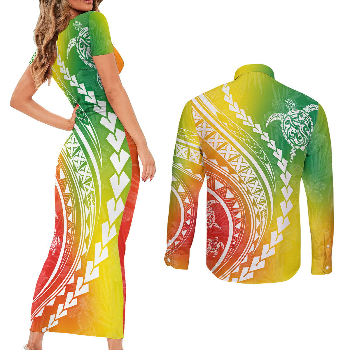 Polynesian Pride Couples Matching Short Sleeve Bodycon Dress and Long Sleeve Button Shirts Turtle Hibiscus Luxury Style - Reggae LT7 - Polynesian Pride