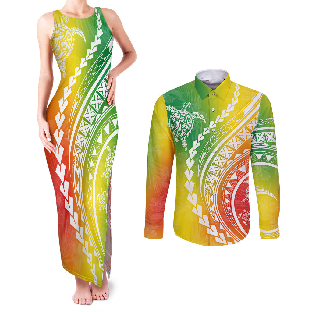 Polynesian Pride Couples Matching Tank Maxi Dress and Long Sleeve Button Shirts Turtle Hibiscus Luxury Style - Reggae LT7 Reggae - Polynesian Pride