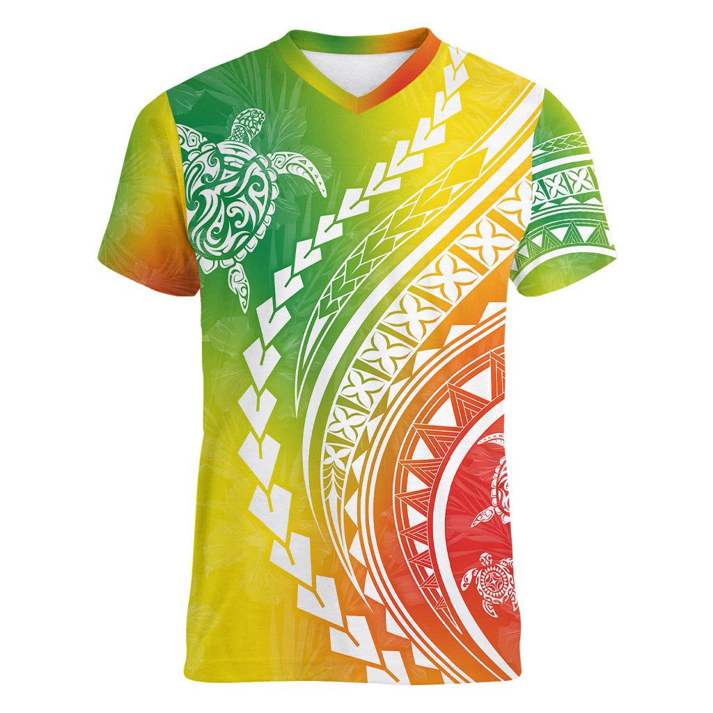 Polynesian Pride Women V Neck T Shirt Turtle Hibiscus Luxury Style - Reggae LT7 Female Reggae - Polynesian Pride