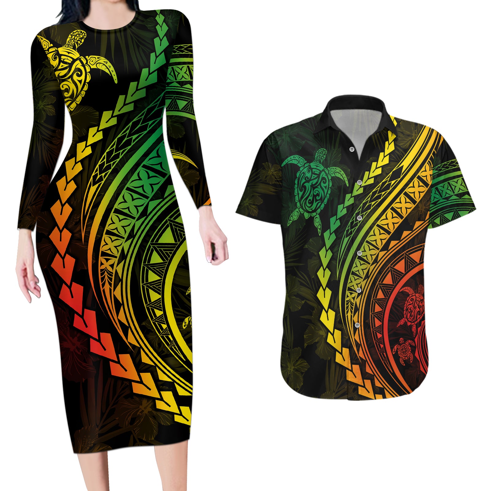 Polynesian Pride Couples Matching Long Sleeve Bodycon Dress and Hawaiian Shirt Turtle Hibiscus Luxury Style - Reggae Ver2 LT7 Reggae - Polynesian Pride