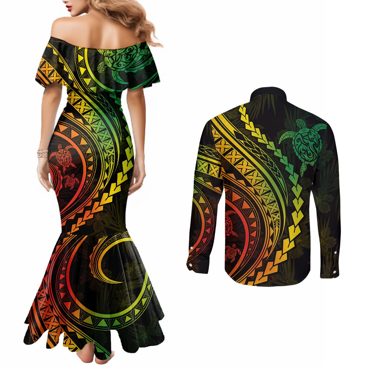 Polynesian Pride Couples Matching Mermaid Dress and Long Sleeve Button Shirts Turtle Hibiscus Luxury Style - Reggae Ver2 LT7 - Polynesian Pride