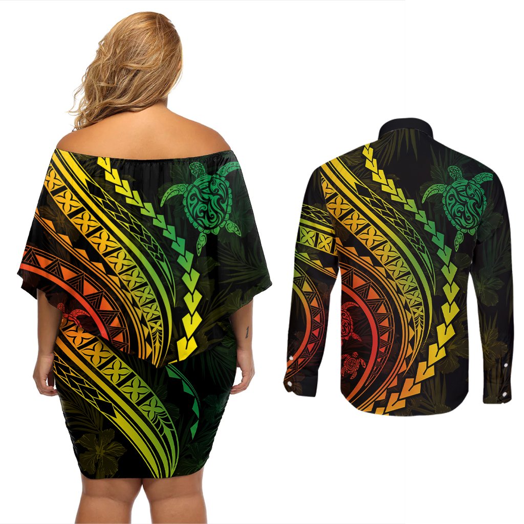 Polynesian Pride Couples Matching Off Shoulder Short Dress and Long Sleeve Button Shirts Turtle Hibiscus Luxury Style - Reggae Ver2 LT7 - Polynesian Pride