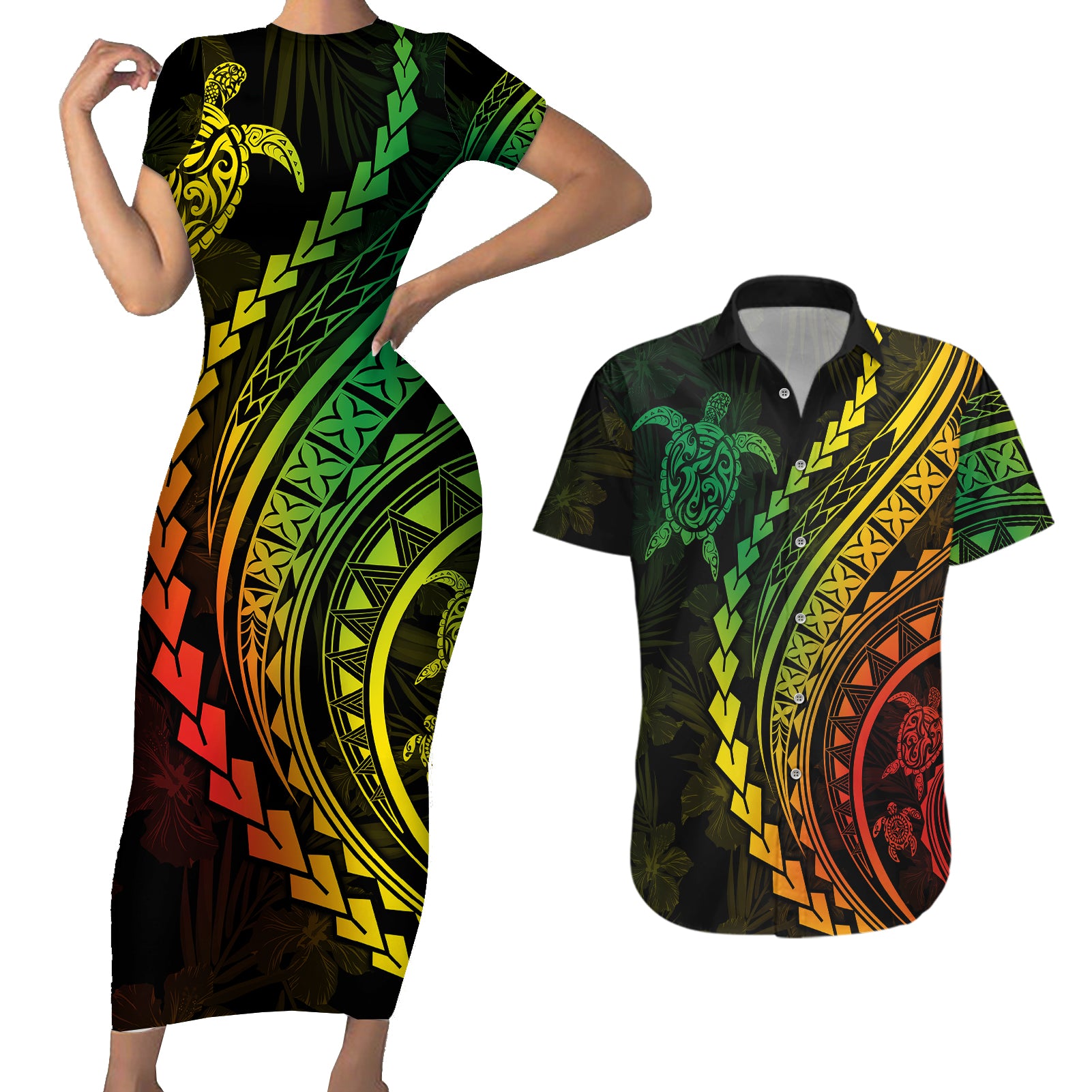 Polynesian Pride Couples Matching Short Sleeve Bodycon Dress and Hawaiian Shirt Turtle Hibiscus Luxury Style - Reggae Ver2 LT7 Reggae - Polynesian Pride