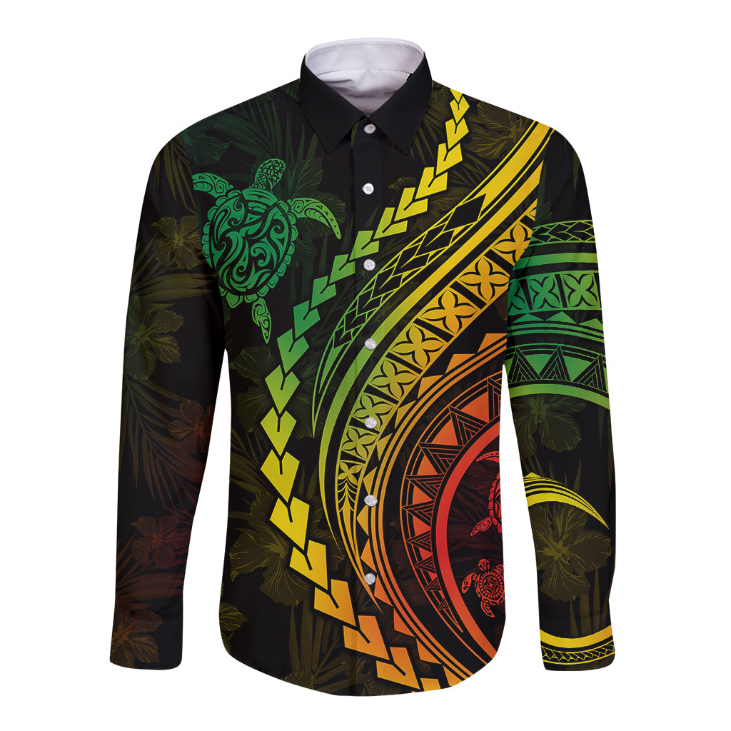 Polynesian Pride Long Sleeve Button Shirt Turtle Hibiscus Luxury Style - Reggae Ver2 LT7 Unisex Reggae - Polynesian Pride