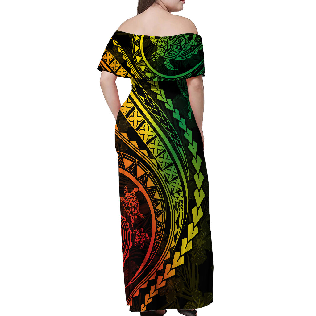 Polynesian Pride Off Shoulder Maxi Dress Turtle Hibiscus Luxury Style - Reggae Ver2 LT7 - Polynesian Pride