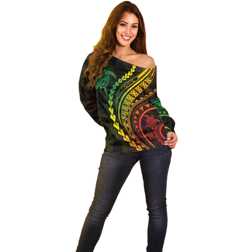 Polynesian Pride Off Shoulder Sweater Turtle Hibiscus Luxury Style - Reggae Ver2 LT7 - Polynesian Pride