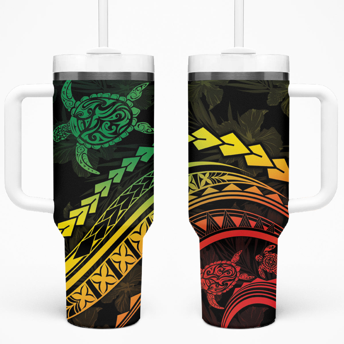 Polynesian Pride Tumbler With Handle Turtle Hibiscus Luxury Style - Reggae Ver2