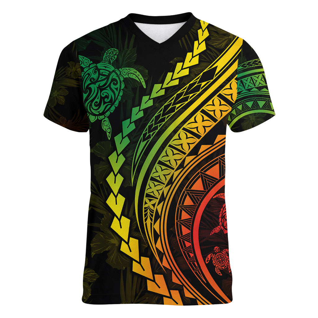 Polynesian Pride Women V Neck T Shirt Turtle Hibiscus Luxury Style - Reggae Ver2 LT7 Female Reggae - Polynesian Pride
