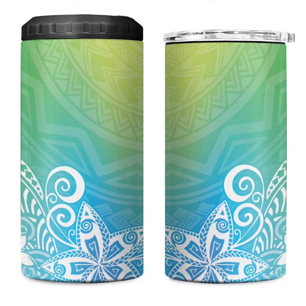 Polynesia 4 in 1 Can Cooler Tumbler Plumeria Blue Gradient Curves