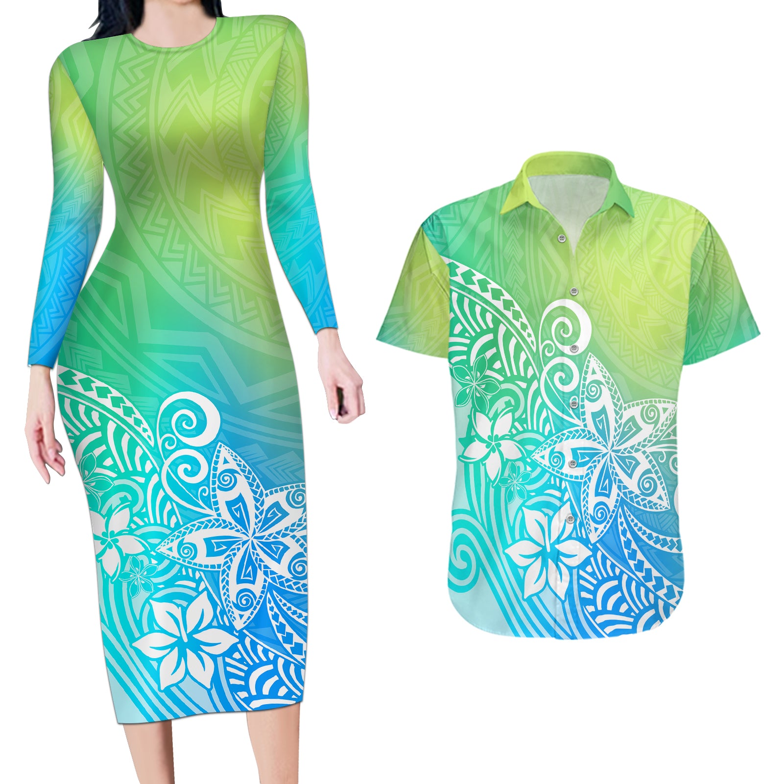 Polynesia Couples Matching Long Sleeve Bodycon Dress and Hawaiian Shirt Plumeria Blue Gradient Curves LT7 Blue Green - Polynesian Pride