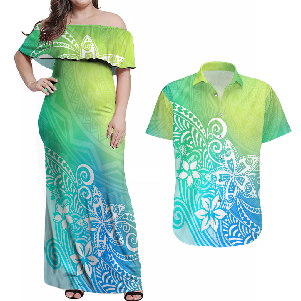 Polynesia Couples Matching Off Shoulder Maxi Dress and Hawaiian Shirt Plumeria Blue Gradient Curves LT7 Blue Green - Polynesian Pride