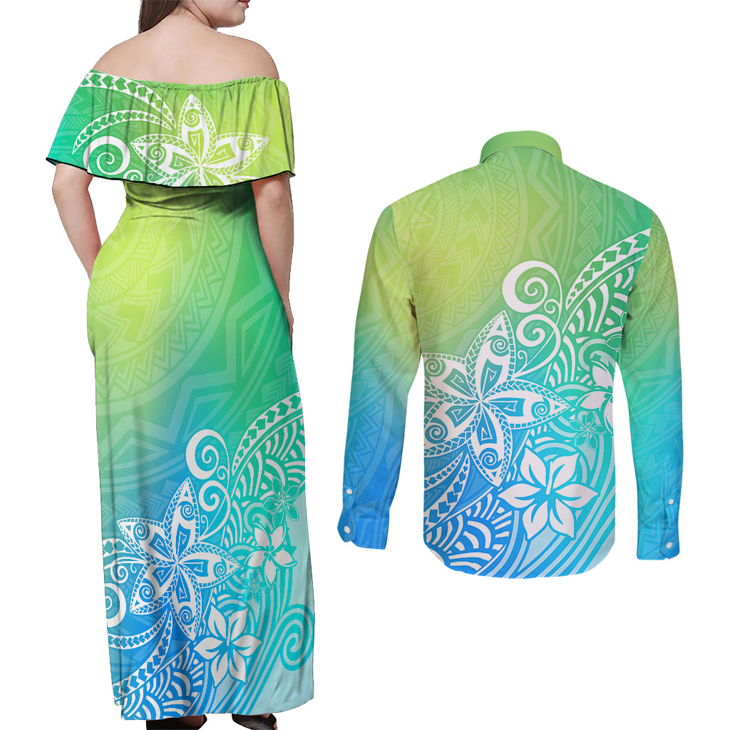 Polynesia Couples Matching Off Shoulder Maxi Dress and Long Sleeve Button Shirts Plumeria Blue Gradient Curves LT7 - Polynesian Pride
