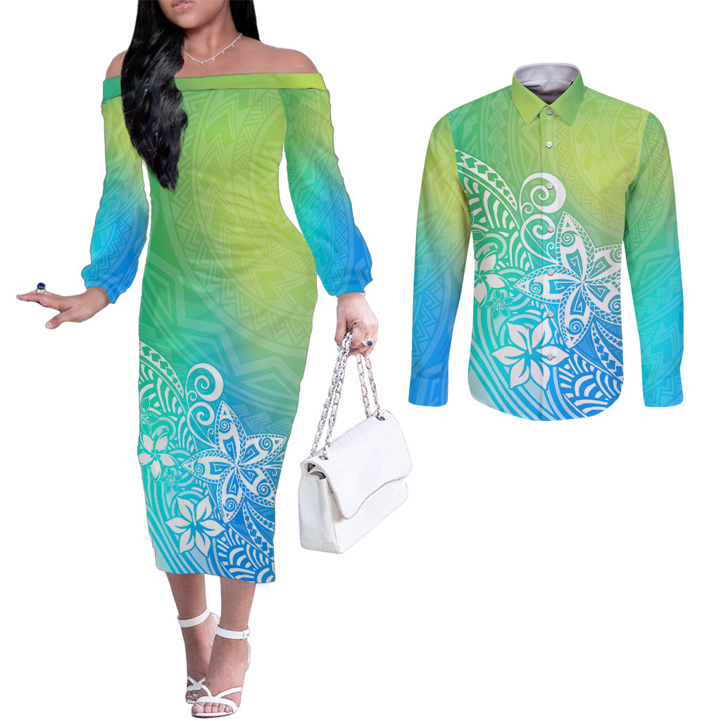 Polynesia Couples Matching Off The Shoulder Long Sleeve Dress and Long Sleeve Button Shirts Plumeria Blue Gradient Curves LT7 Blue Green - Polynesian Pride