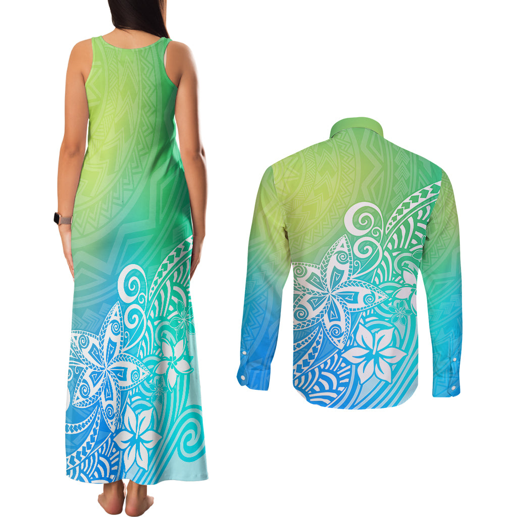 Polynesia Couples Matching Tank Maxi Dress and Long Sleeve Button Shirts Plumeria Blue Gradient Curves LT7 - Polynesian Pride