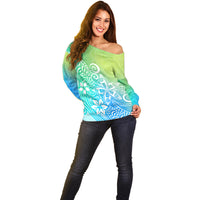 Polynesia Off Shoulder Sweater Plumeria Blue Gradient Curves LT7 - Polynesian Pride
