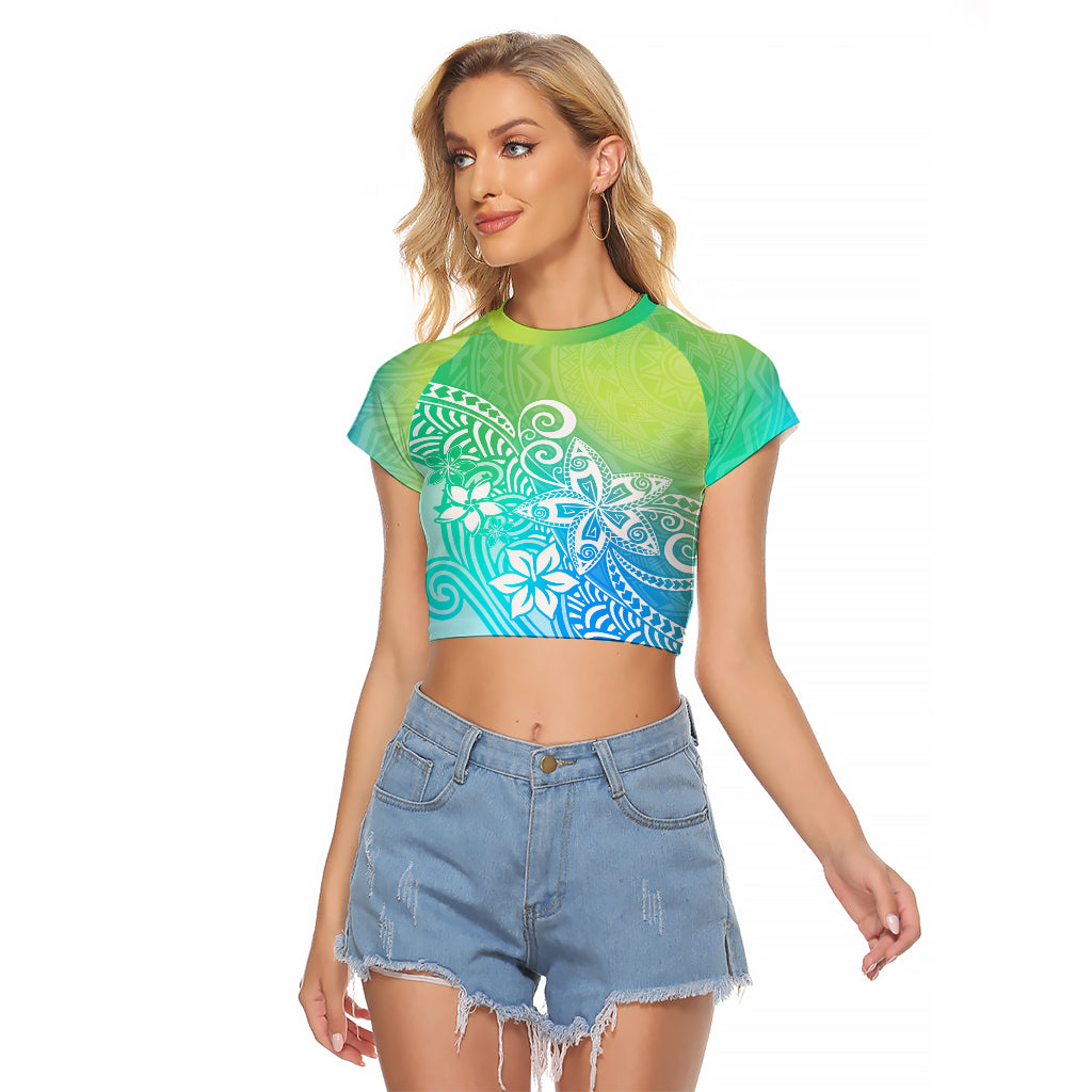 Polynesia Raglan Cropped T Shirt Plumeria Blue Gradient Curves LT7 Female Blue Green - Polynesian Pride