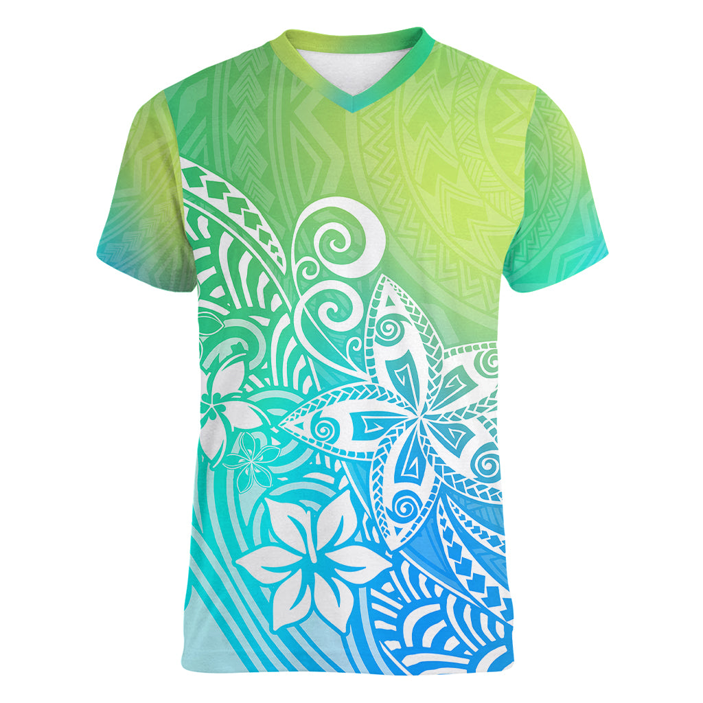 Polynesia Women V Neck T Shirt Plumeria Blue Gradient Curves LT7 Female Blue Green - Polynesian Pride