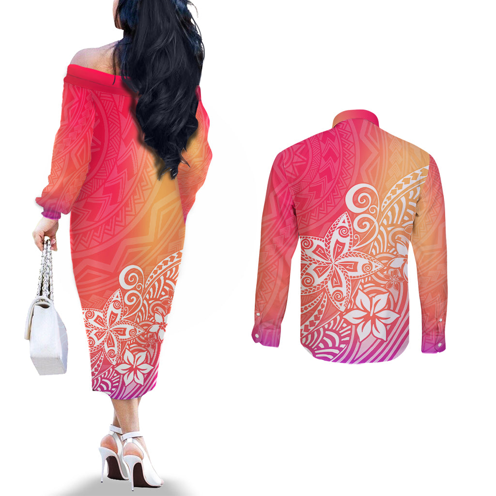 Polynesia Couples Matching Off The Shoulder Long Sleeve Dress and Long Sleeve Button Shirts Plumeria Pink Gradient Curves LT7 - Polynesian Pride