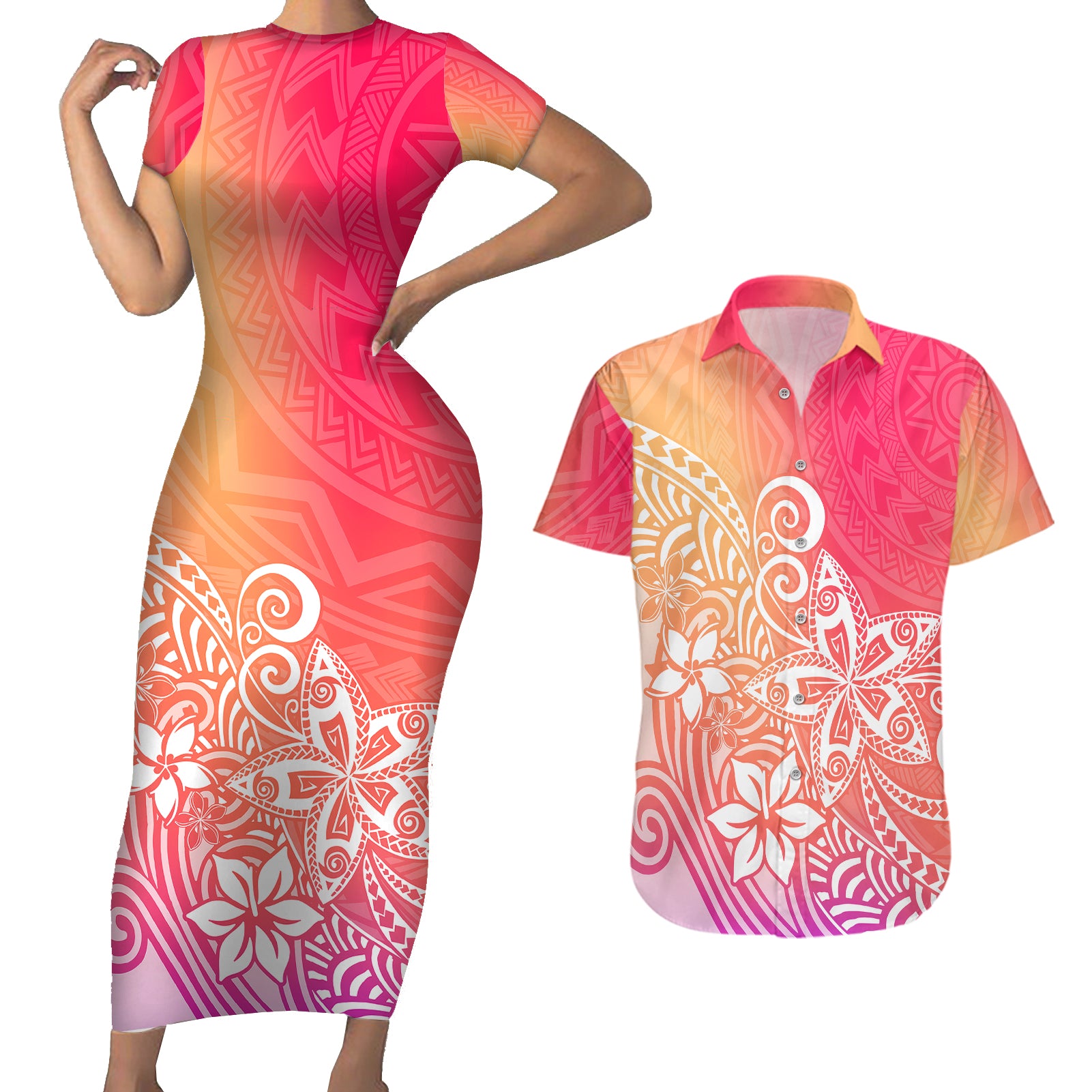 Polynesia Couples Matching Short Sleeve Bodycon Dress and Hawaiian Shirt Plumeria Pink Gradient Curves LT7 Pink - Polynesian Pride