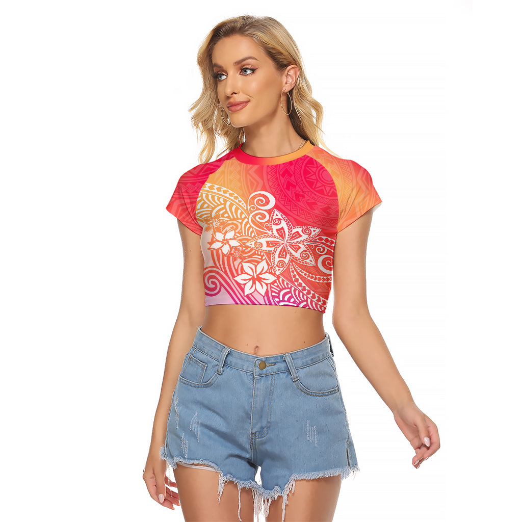 Polynesia Raglan Cropped T Shirt Plumeria Pink Gradient Curves LT7 Female Pink - Polynesian Pride