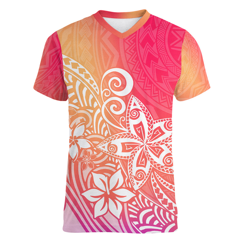 Polynesia Women V Neck T Shirt Plumeria Pink Gradient Curves LT7 Female Pink - Polynesian Pride