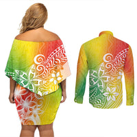 Polynesia Couples Matching Off Shoulder Short Dress and Long Sleeve Button Shirts Plumeria Reggae Curves LT7 - Polynesian Pride