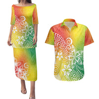 Polynesia Couples Matching Puletasi Dress and Hawaiian Shirt Plumeria Reggae Curves LT7 Reggae - Polynesian Pride