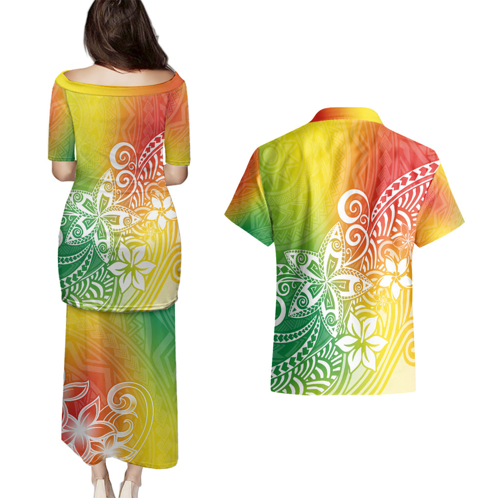 Polynesia Couples Matching Puletasi Dress and Hawaiian Shirt Plumeria Reggae Curves LT7 - Polynesian Pride