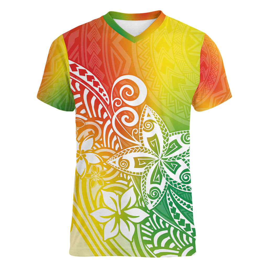 Polynesia Women V Neck T Shirt Plumeria Reggae Curves LT7 Female Reggae - Polynesian Pride