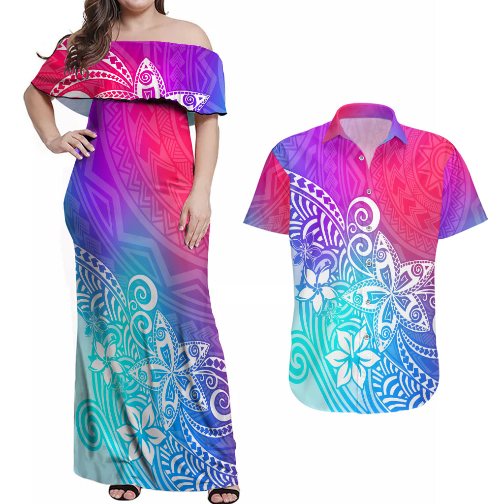 Polynesia Couples Matching Off Shoulder Maxi Dress and Hawaiian Shirt Plumeria Galaxy Gradient Curves LT7 Galaxy - Polynesian Pride