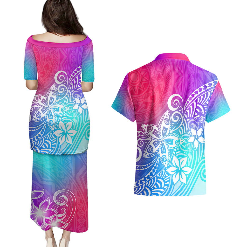Polynesia Couples Matching Puletasi Dress and Hawaiian Shirt Plumeria Galaxy Gradient Curves LT7 - Polynesian Pride