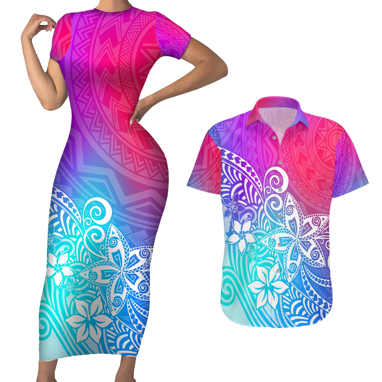 Polynesia Couples Matching Short Sleeve Bodycon Dress and Hawaiian Shirt Plumeria Galaxy Gradient Curves LT7 Galaxy - Polynesian Pride