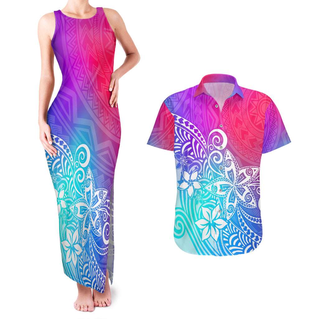 Polynesia Couples Matching Tank Maxi Dress and Hawaiian Shirt Plumeria Galaxy Gradient Curves LT7 Galaxy - Polynesian Pride