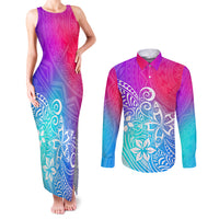Polynesia Couples Matching Tank Maxi Dress and Long Sleeve Button Shirts Plumeria Galaxy Gradient Curves LT7 Galaxy - Polynesian Pride