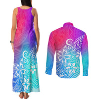Polynesia Couples Matching Tank Maxi Dress and Long Sleeve Button Shirts Plumeria Galaxy Gradient Curves LT7 - Polynesian Pride