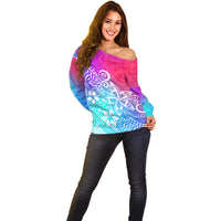 Polynesia Off Shoulder Sweater Plumeria Galaxy Gradient Curves LT7 - Polynesian Pride