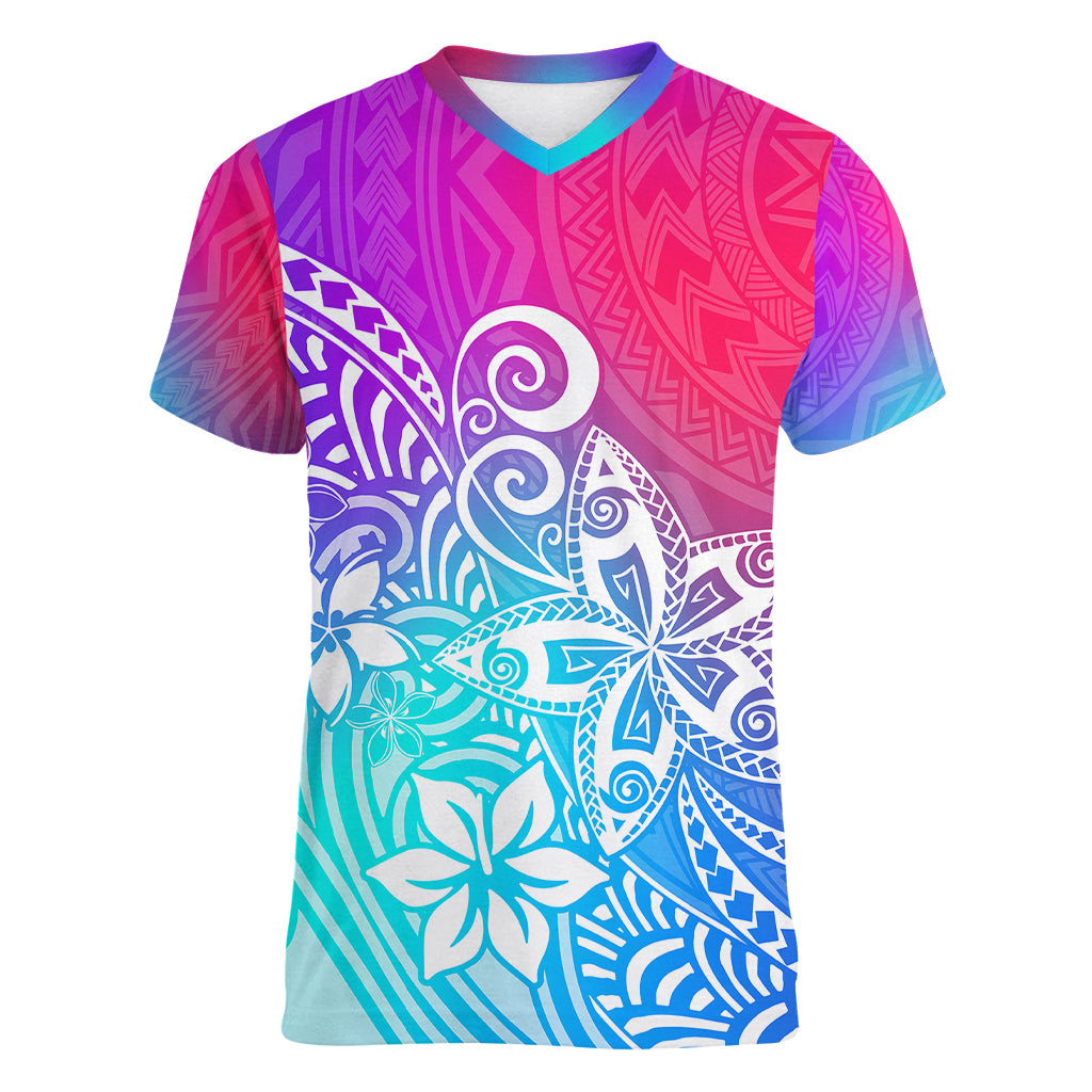 Polynesia Women V Neck T Shirt Plumeria Galaxy Gradient Curves LT7 Female Galaxy - Polynesian Pride