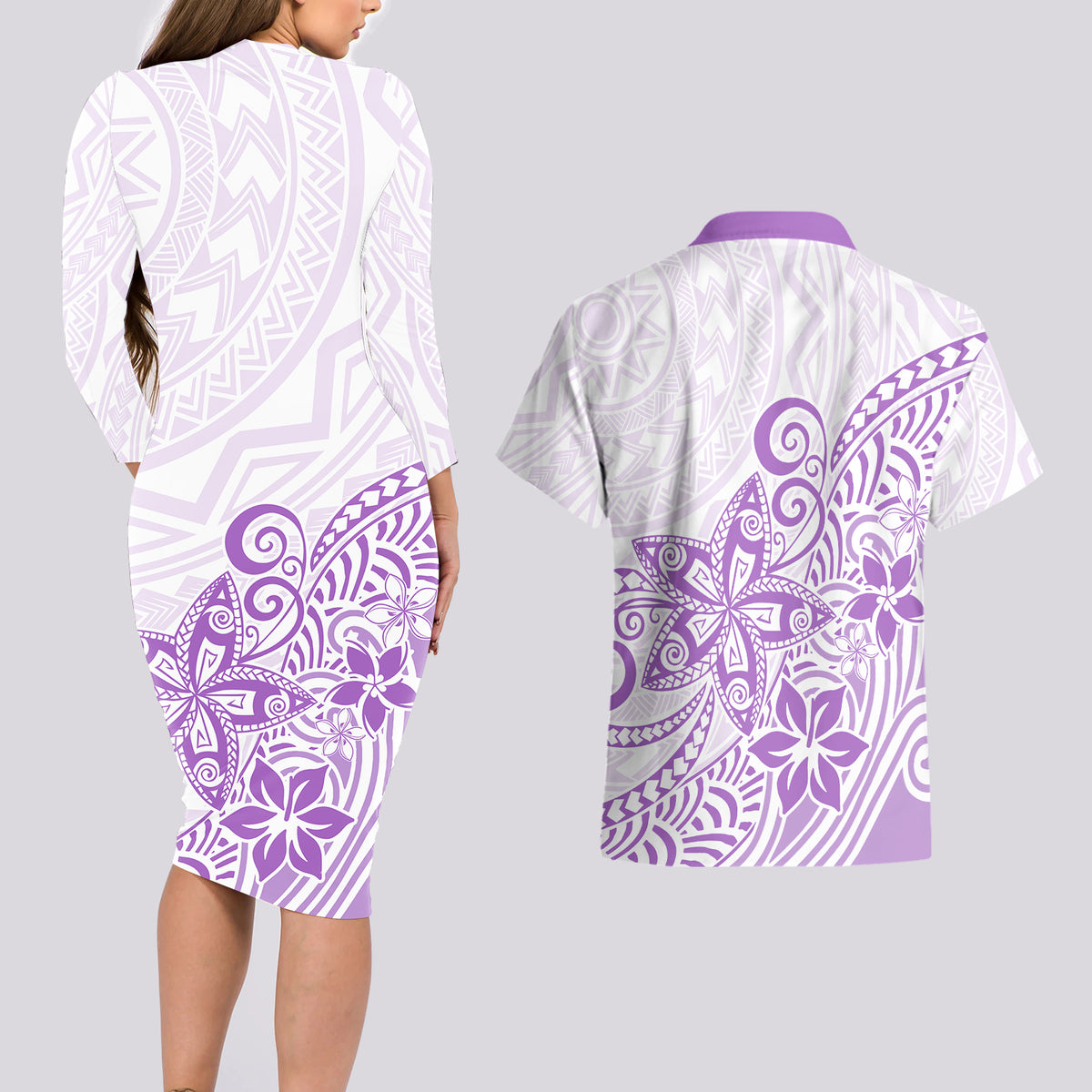 Polynesia Couples Matching Long Sleeve Bodycon Dress and Hawaiian Shirt Plumeria Lavender Curves LT7 - Polynesian Pride