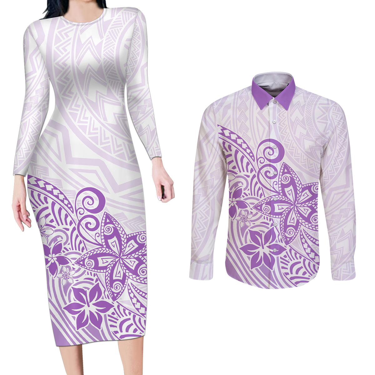 Polynesia Couples Matching Long Sleeve Bodycon Dress and Long Sleeve Button Shirts Plumeria Lavender Curves LT7 Purple - Polynesian Pride