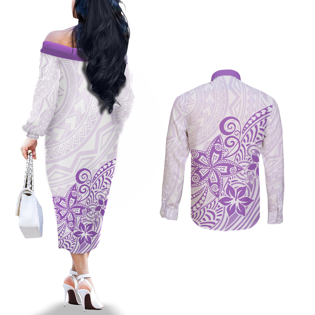 Polynesia Couples Matching Off The Shoulder Long Sleeve Dress and Long Sleeve Button Shirts Plumeria Lavender Curves LT7 - Polynesian Pride