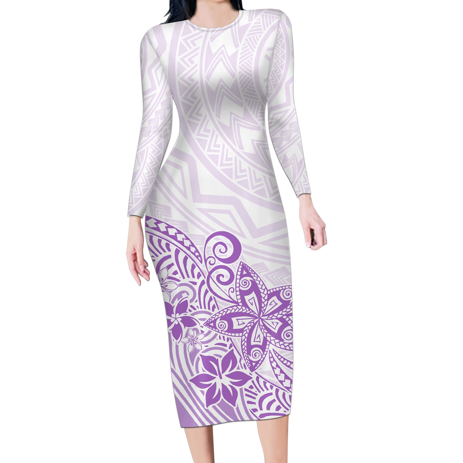 Polynesia Long Sleeve Bodycon Dress Plumeria Lavender Curves LT7 Long Dress Purple - Polynesian Pride