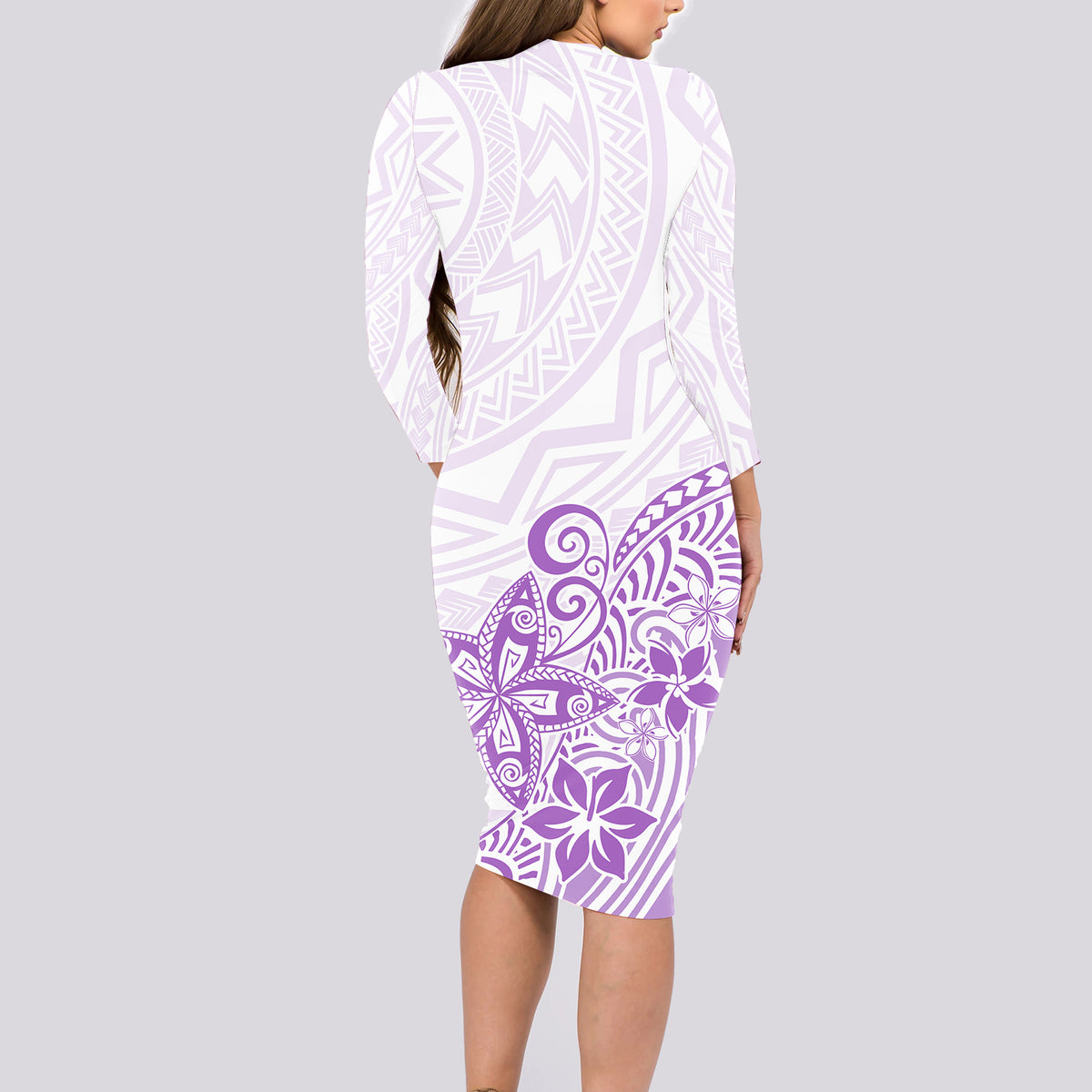 Polynesia Long Sleeve Bodycon Dress Plumeria Lavender Curves LT7 - Polynesian Pride