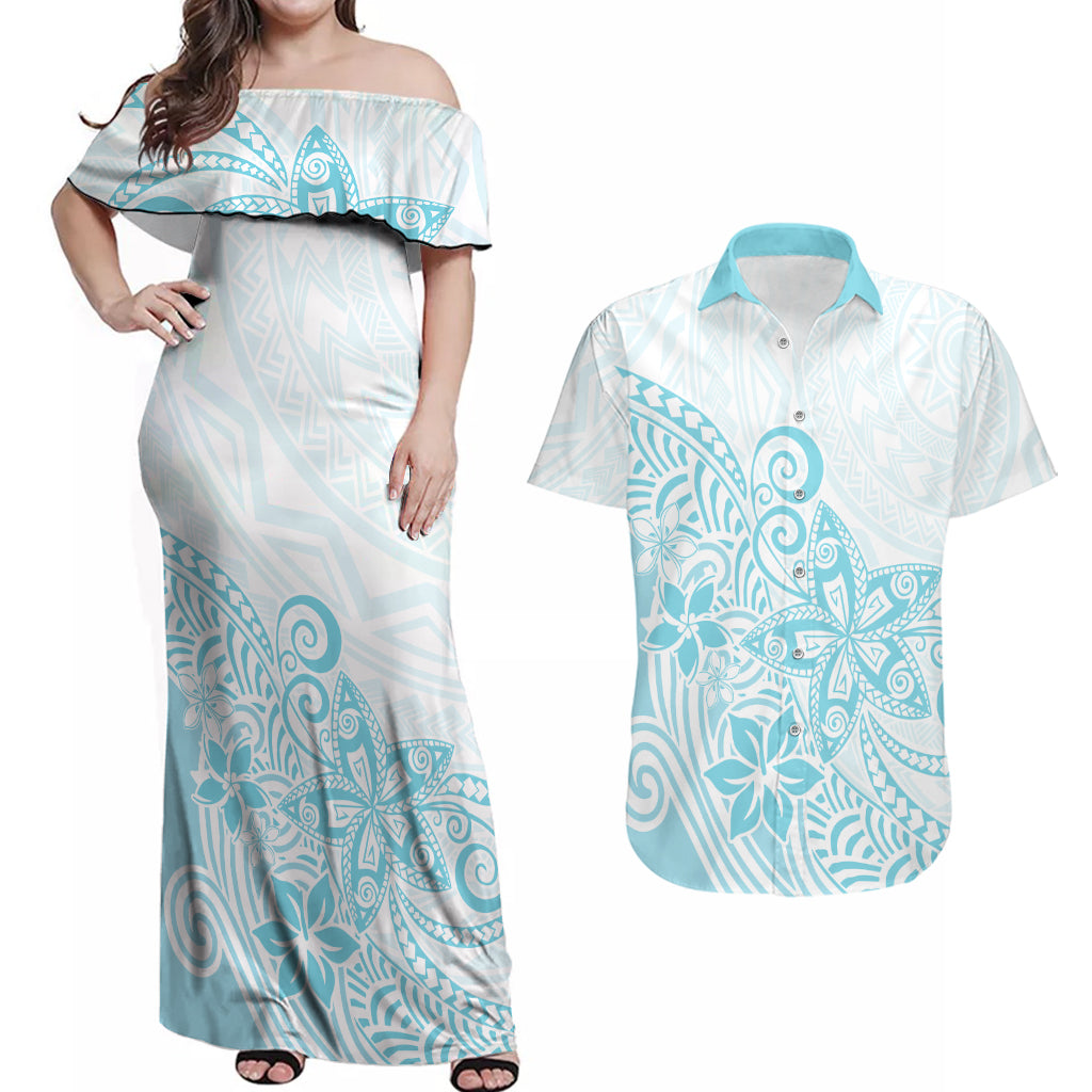 Polynesia Couples Matching Off Shoulder Maxi Dress and Hawaiian Shirt Plumeria Turquoise Curves LT7 Turquoise - Polynesian Pride