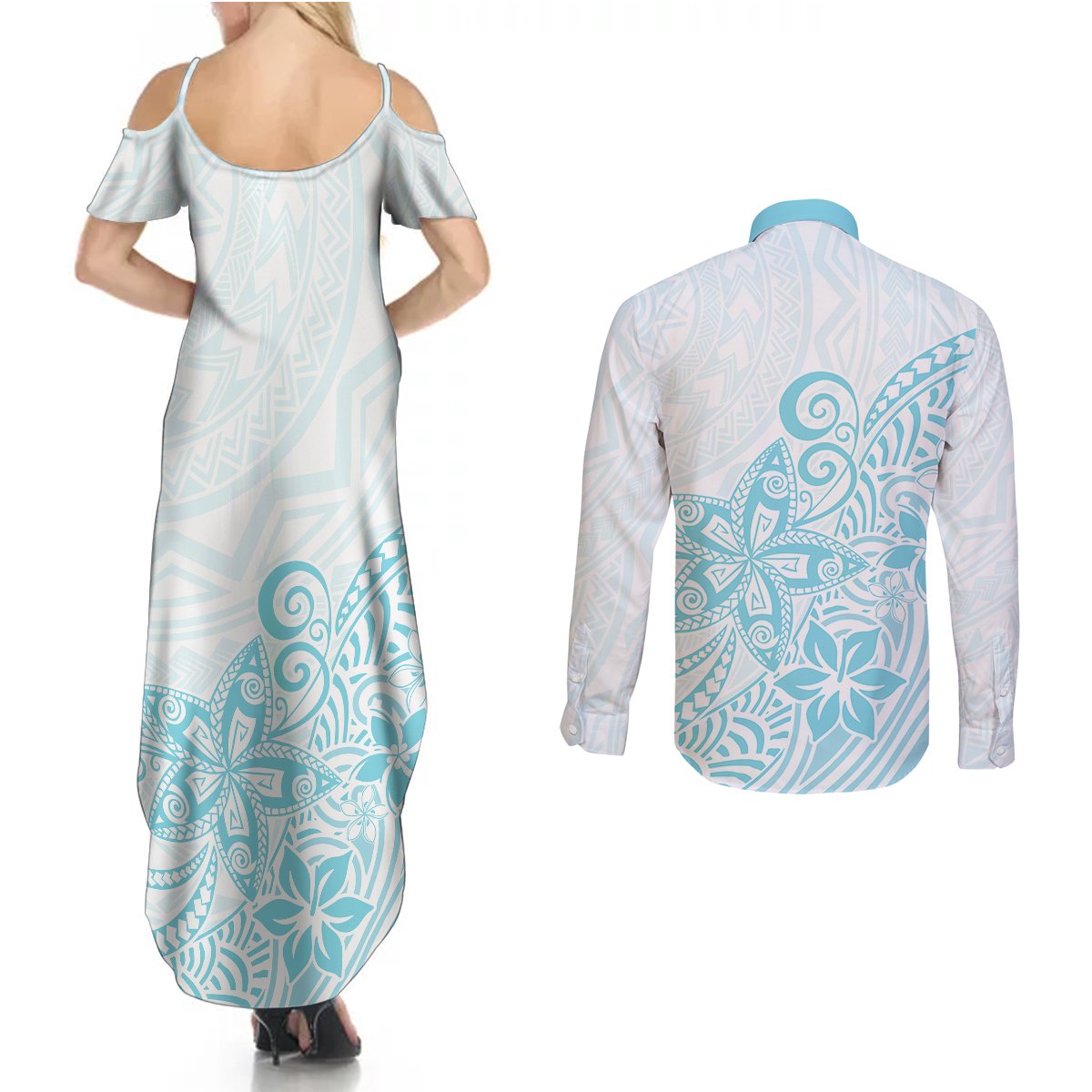 Polynesia Couples Matching Summer Maxi Dress and Long Sleeve Button Shirts Plumeria Turquoise Curves LT7 - Polynesian Pride