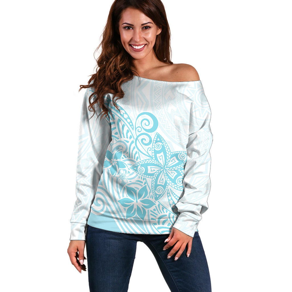 Polynesia Off Shoulder Sweater Plumeria Turquoise Curves LT7 Women Turquoise - Polynesian Pride