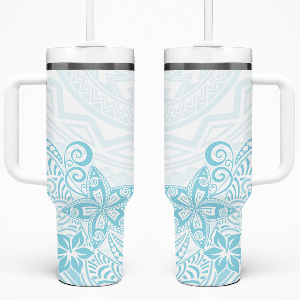 Polynesia Tumbler With Handle Plumeria Turquoise Curves