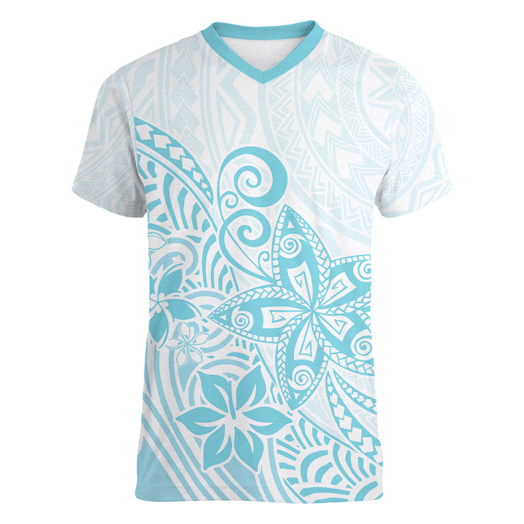 Polynesia Women V Neck T Shirt Plumeria Turquoise Curves LT7 Female Turquoise - Polynesian Pride